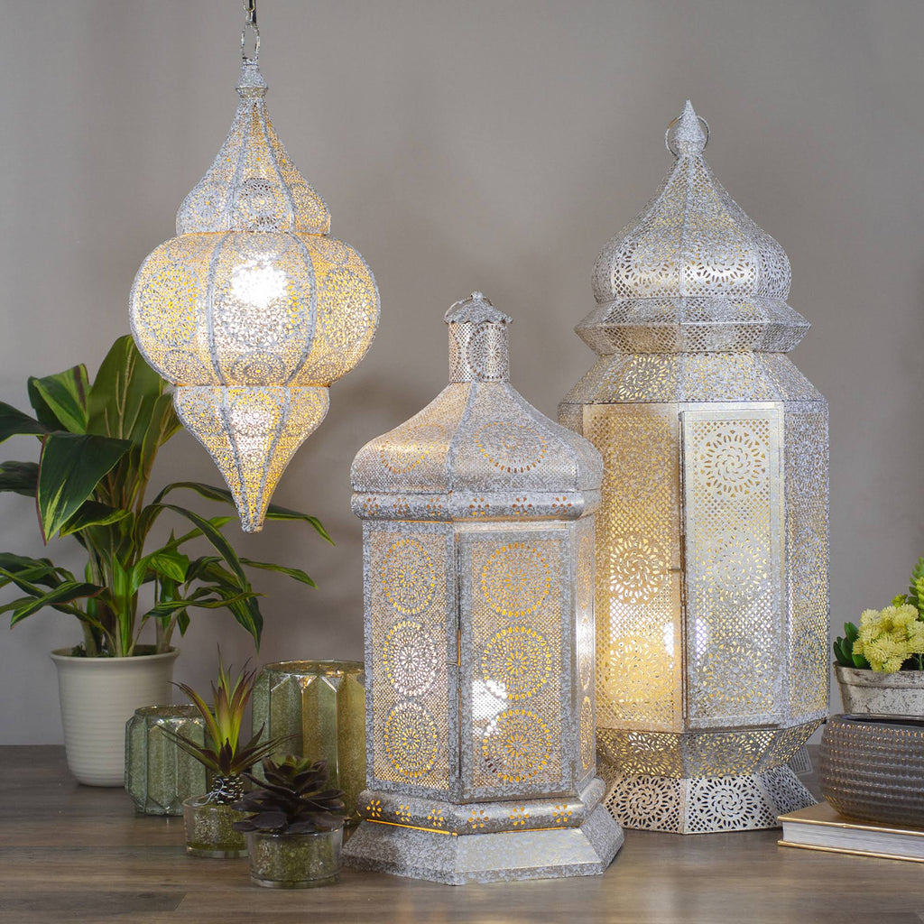 Distressed White and Gold Moroccan Cut-Out Floor Lantern Lamp O908
