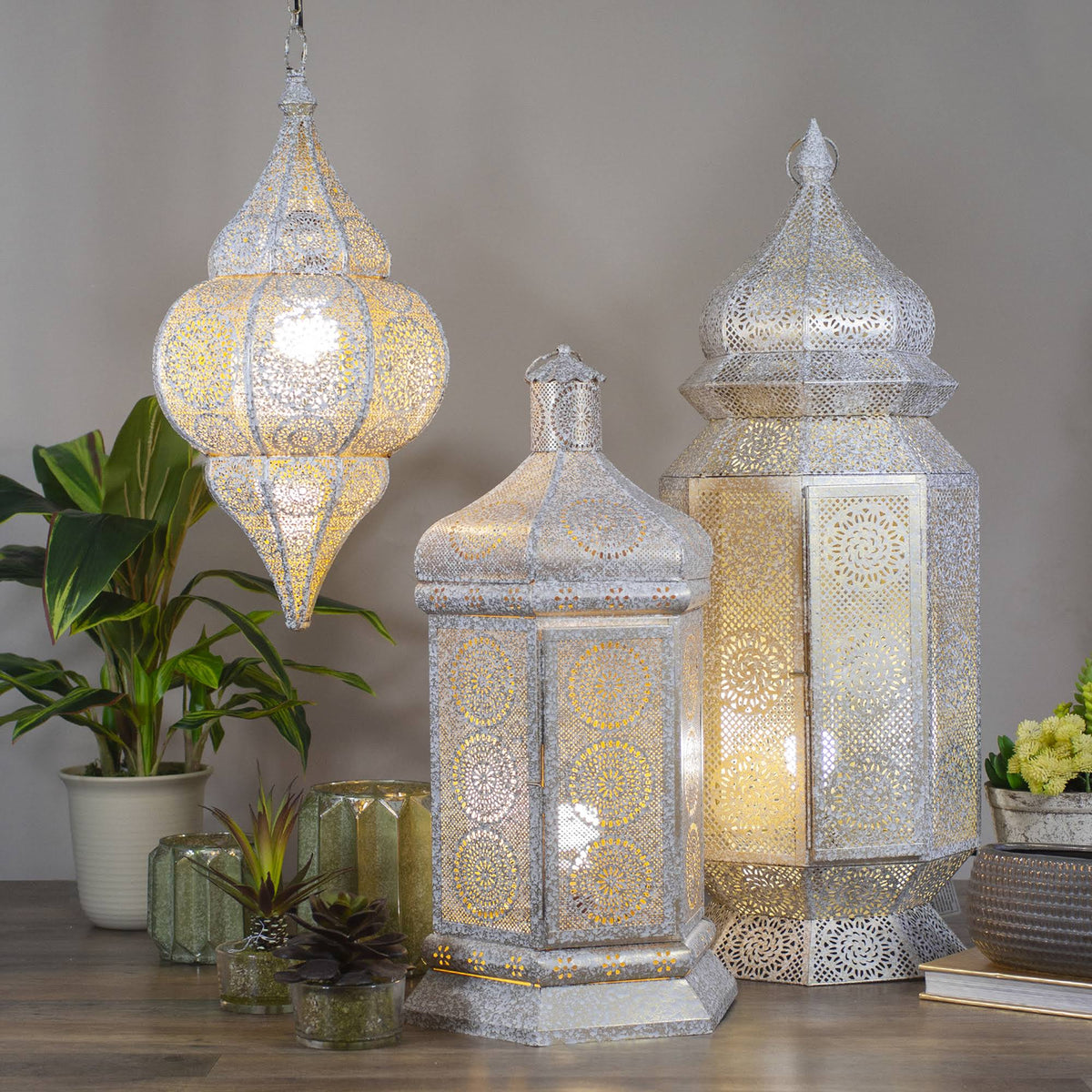 Distressed White and Gold Moroccan Cut-Out Floor Lantern Lamp O908