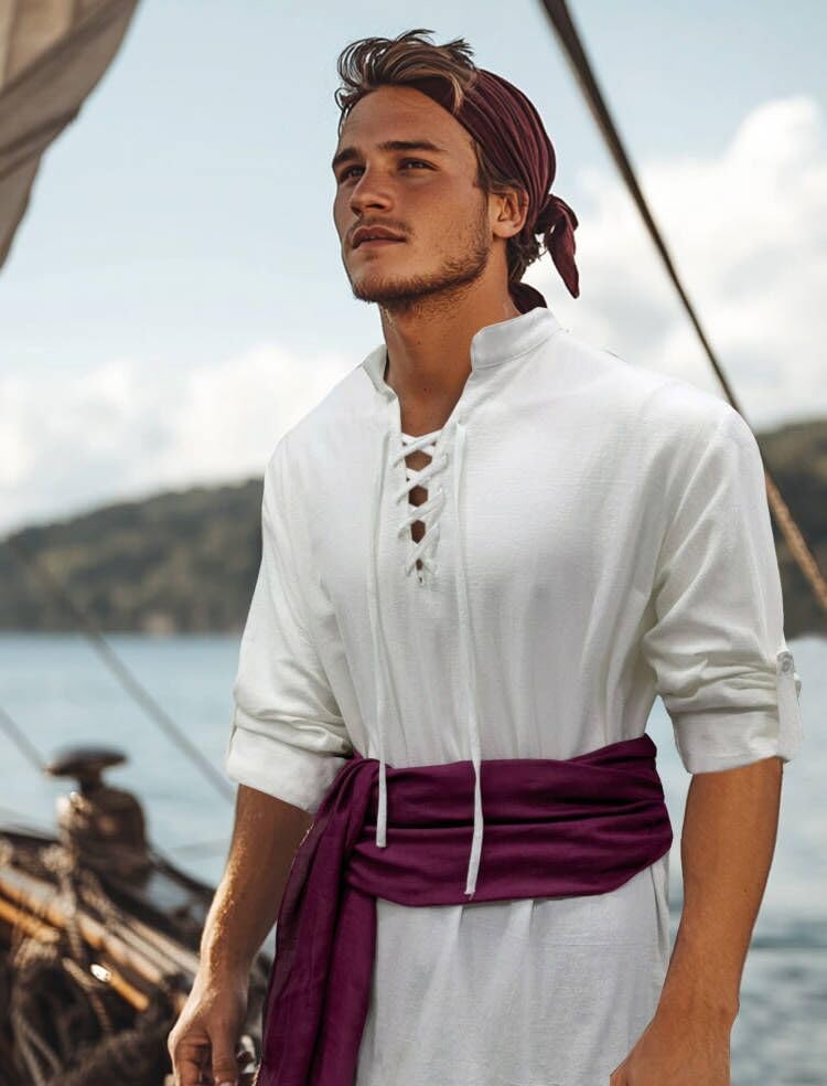 Khaki Large Mens Pirate Costume Outfit With Pants Shirts Sash Accessories O786896