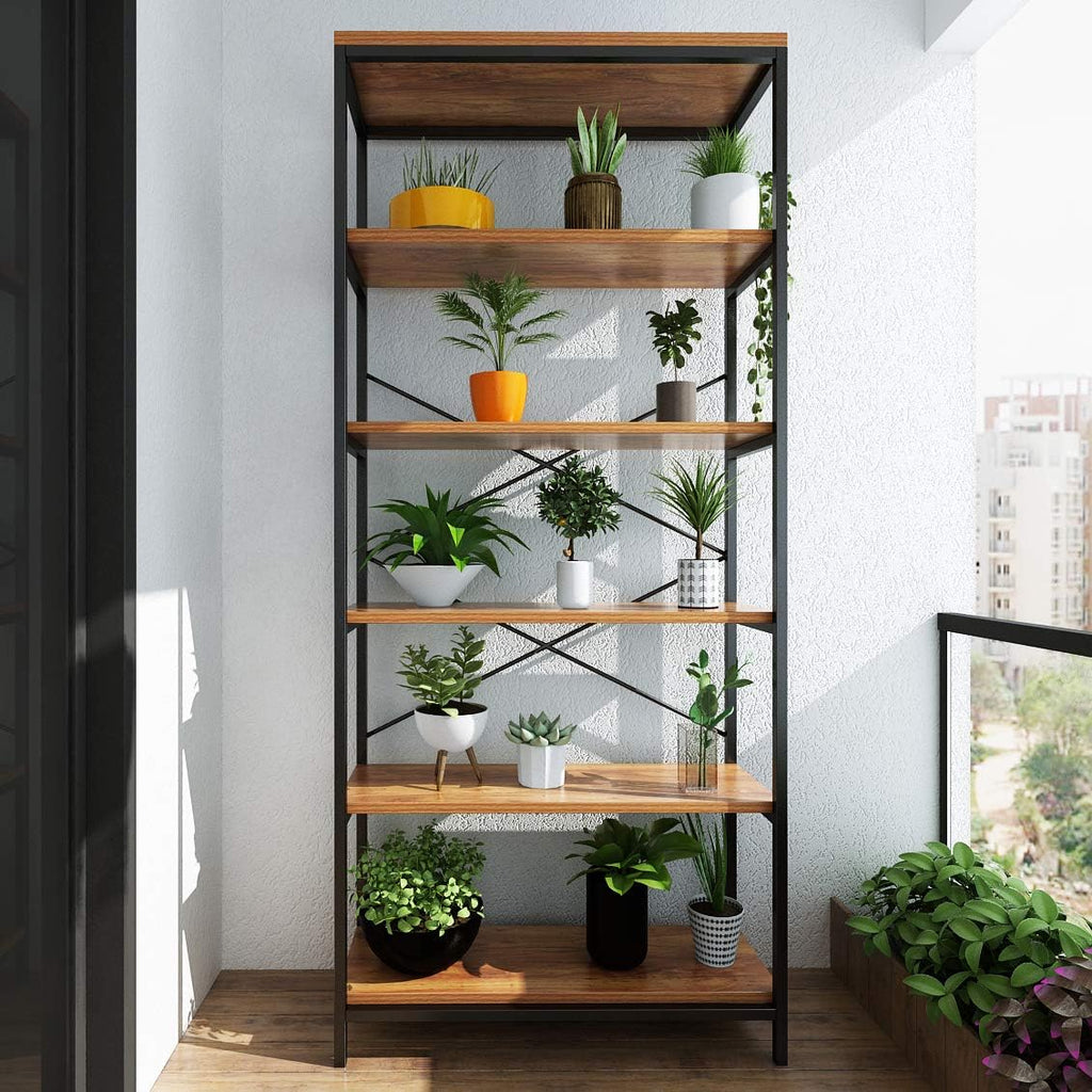 Industrial 5 Shelf Metal and Wooden Bookshelf E312