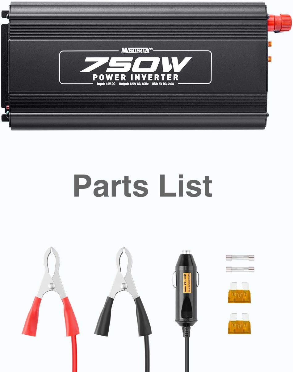 750W Power Inverter DC 12V to 110V AC Car Adapter with 2A USB Charger and 2 AC Outlets N515