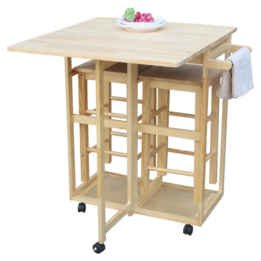 Wood Color Kitchen Island Rolling Trolley Cart with Stools X691