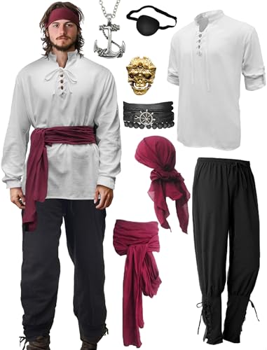 Khaki Large Mens Pirate Costume Outfit With Pants Shirts Sash Accessories O786896
