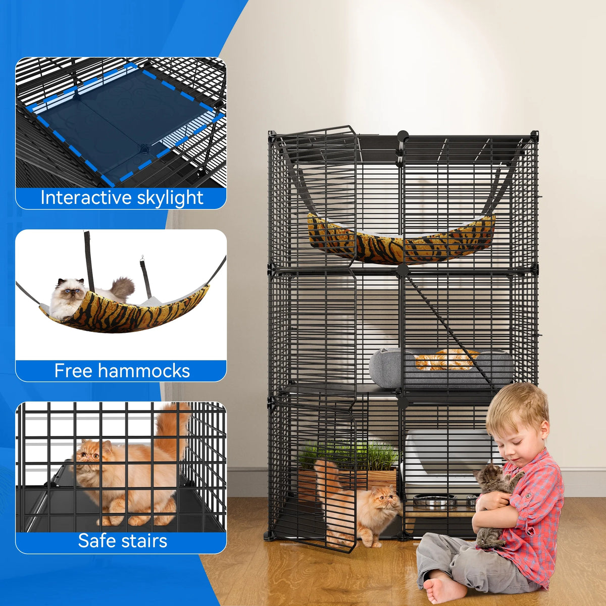 Indoor Cat Cage with Extra Large Hammock for Multiple Small Animals, 28"L x 28"W x 41"H, Black Z886440