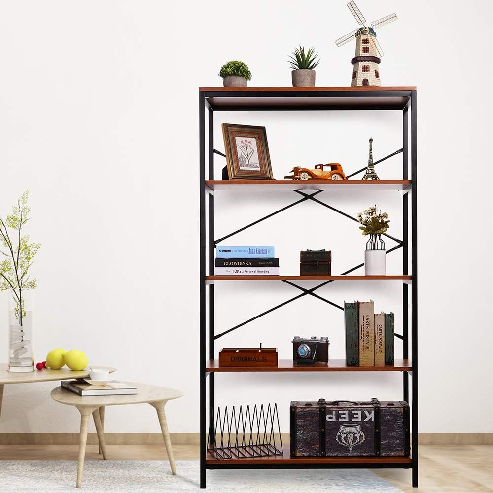 Industrial 5 Shelf Metal and Wooden Bookshelf E312