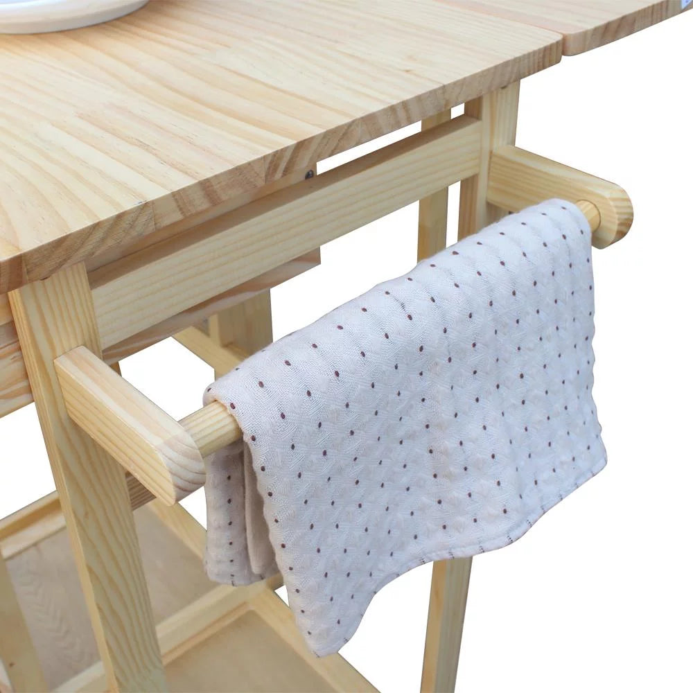 Wood Color Kitchen Island Rolling Trolley Cart with Stools X691