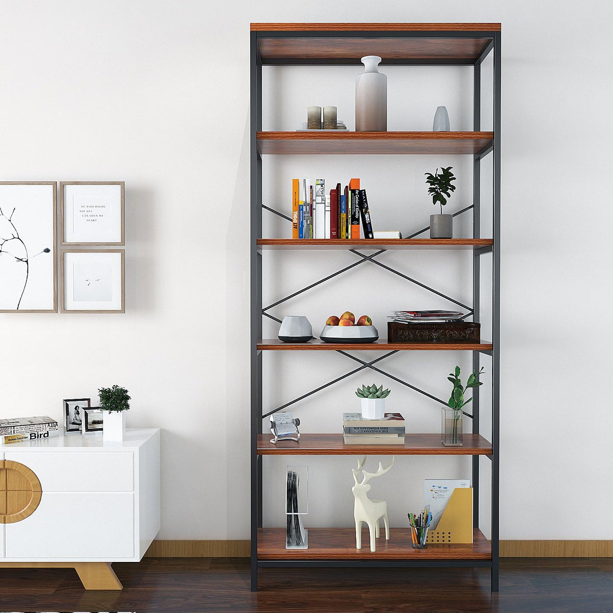 Industrial 5 Shelf Metal and Wooden Bookshelf E312