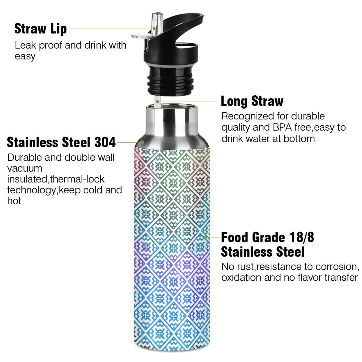 20 oz Insulated Stainless Steel Water Bottle with Straw Lid E474