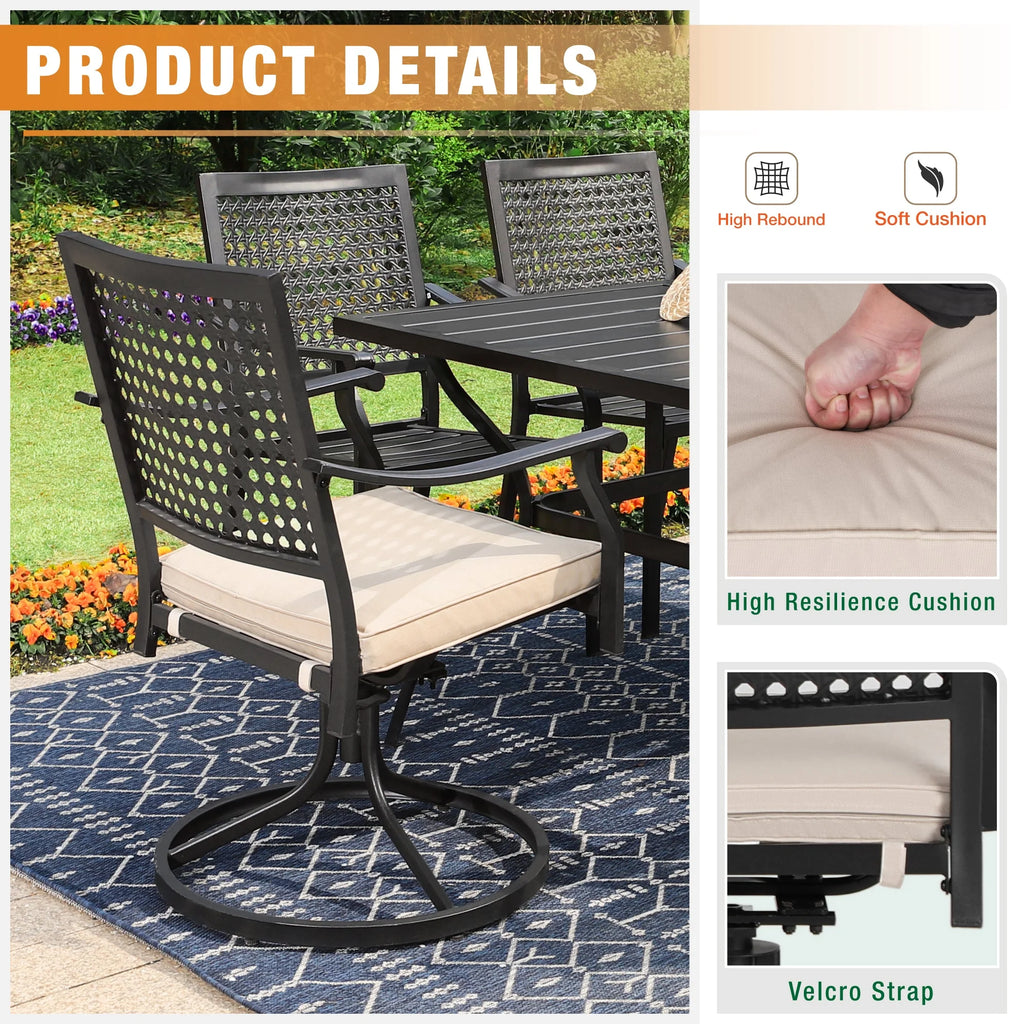 7 Piece Outdoor Patio Dining Set with 6 Cushioned Swivel Chairs and Teak Wood Table U435589