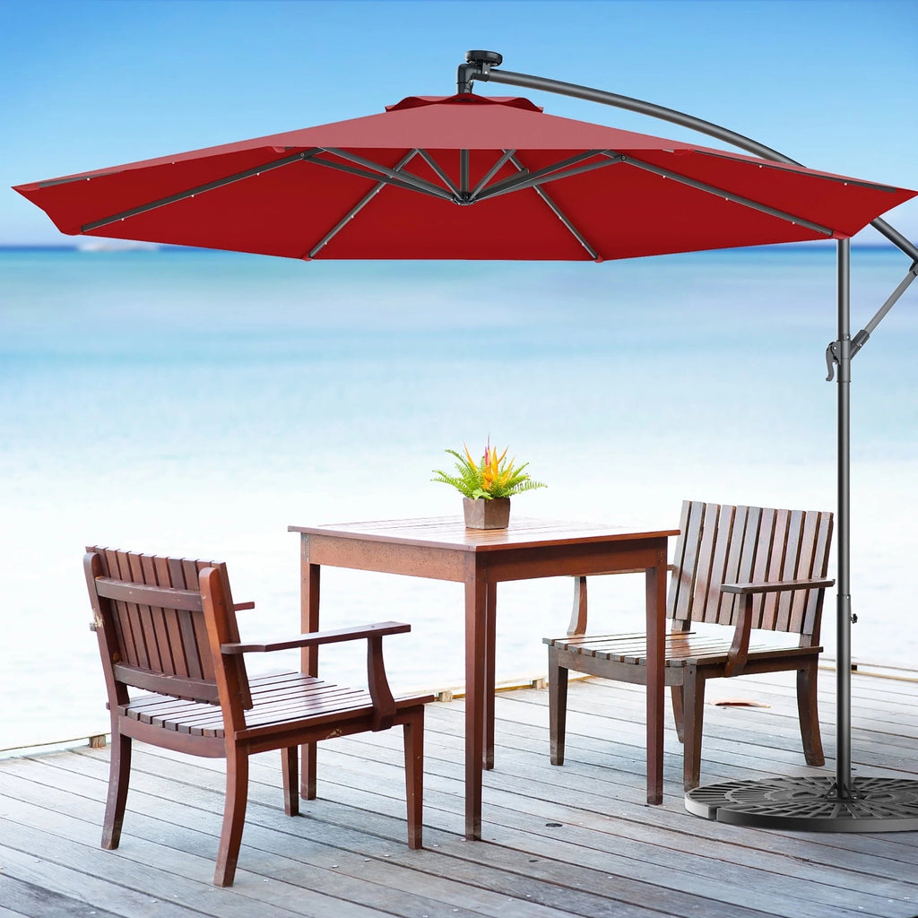 10' Solar LED Hanging Patio Umbrella with Base Tan T54625
