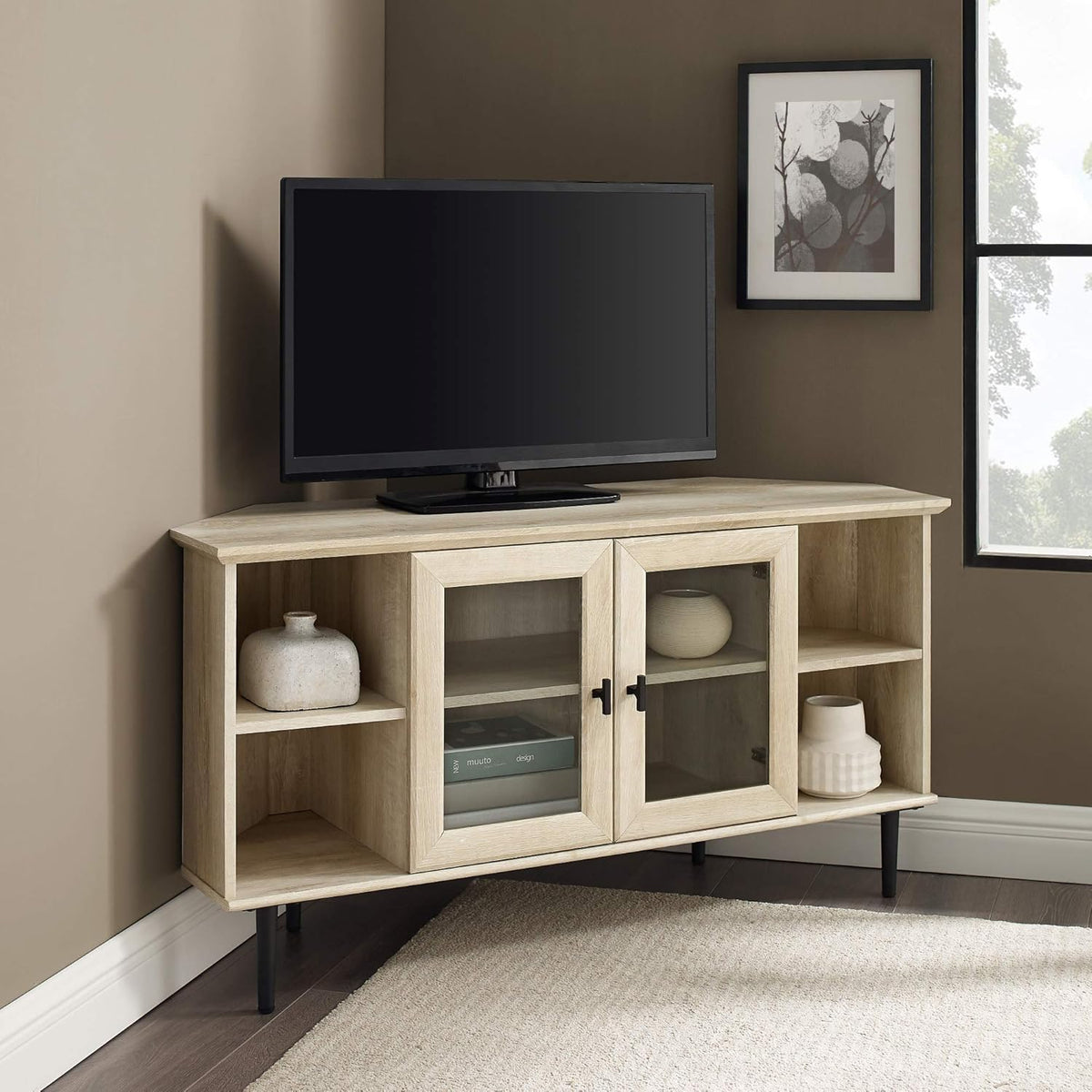 Slate Grey 58 Inch Wood and Glass TV Stand with 2 Cabinet Doors P281
