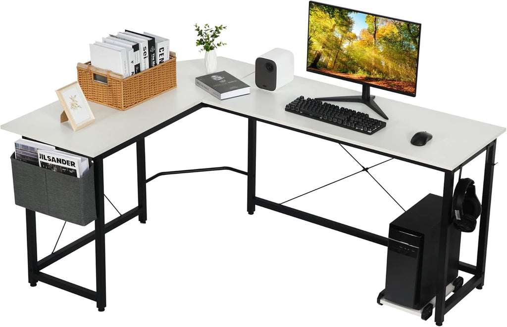 White L Shaped Computer Desk with Storage Bag and Monitor Stand K268
