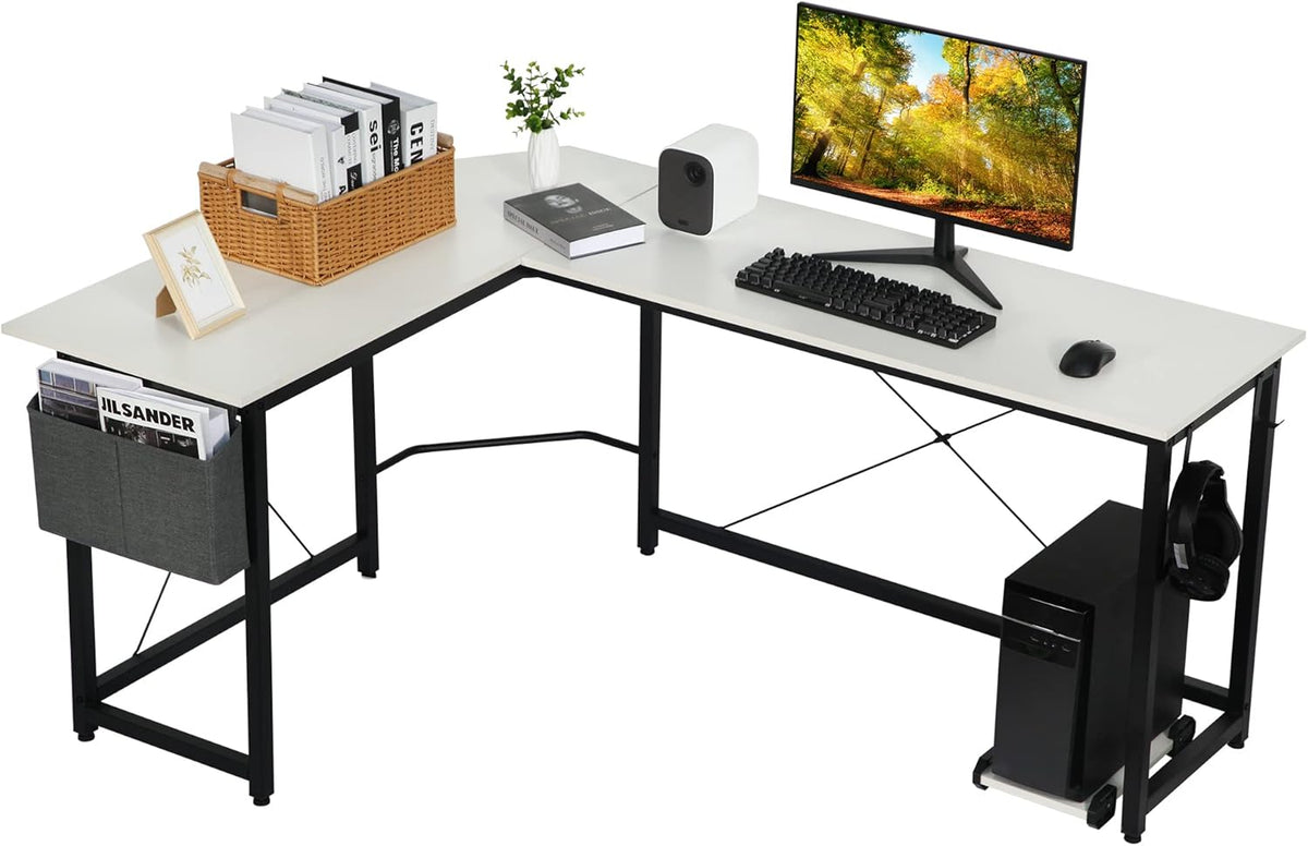White L Shaped Computer Desk with Storage Bag and Monitor Stand K268