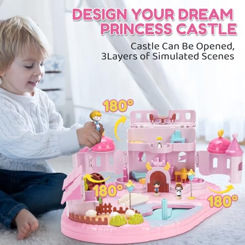 Castle Playset with 4 Magnetic Control Movable Toys, Magnetic Doll House Building Toys with Light & Music（Pink） L601696