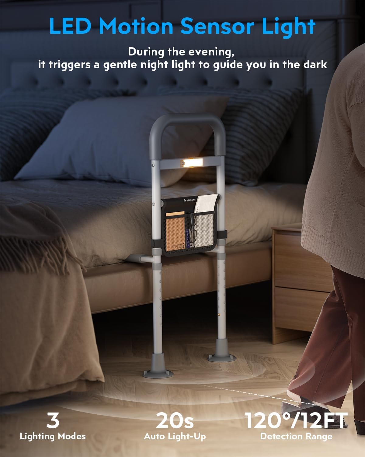 Grey Adjustable Bed Rail with Motion Sensor LED Light D777343