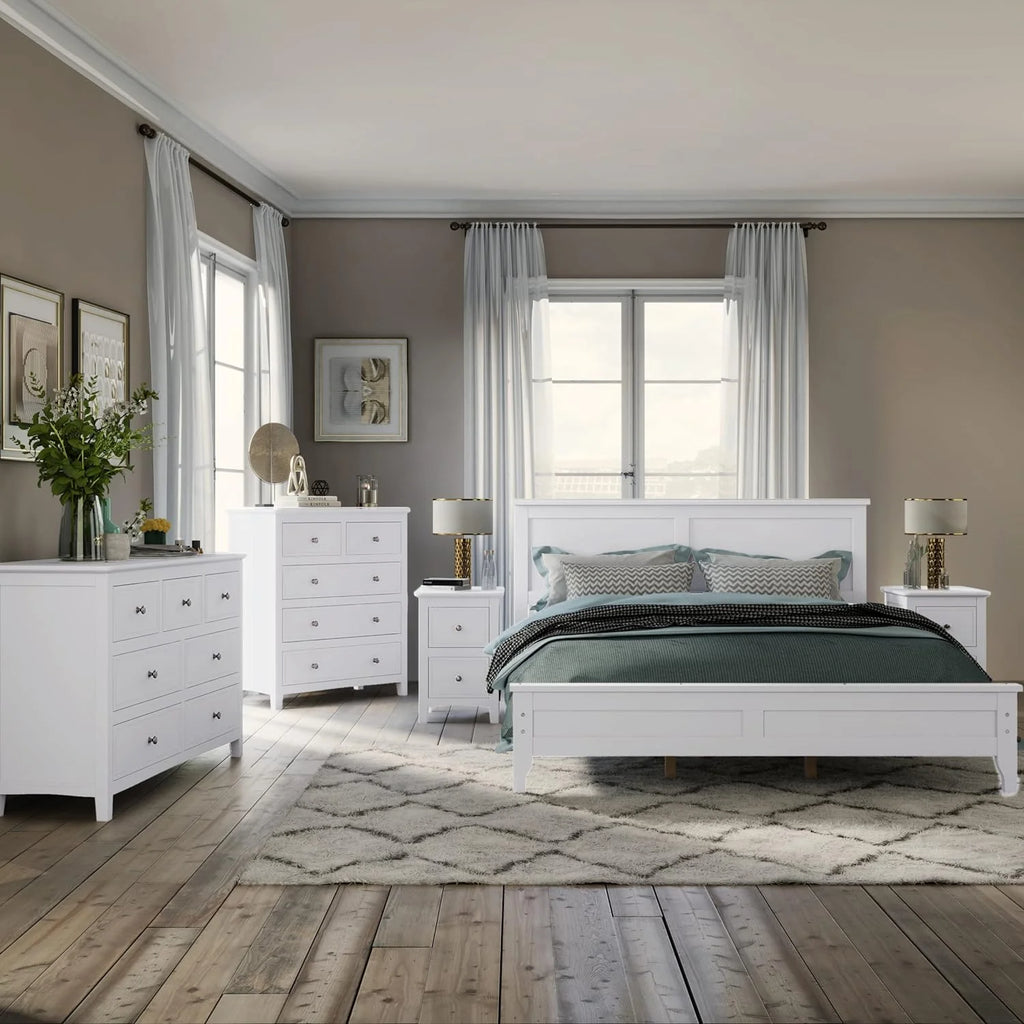 White Queen Size 5 Piece Wood Bedroom Furniture Set S33248
