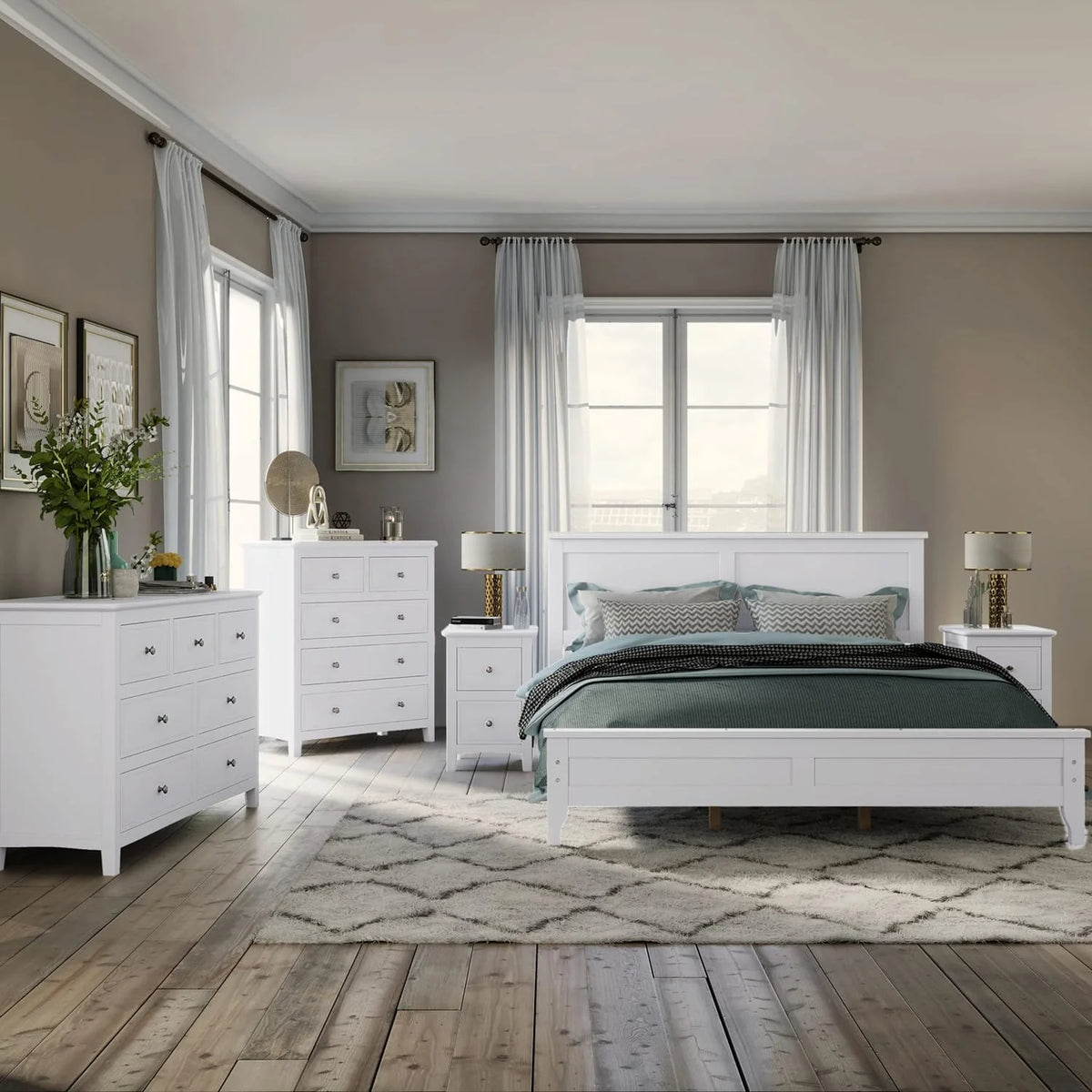 White Queen Size 5 Piece Wood Bedroom Furniture Set S33248