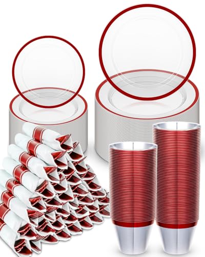 350PCS Disposable Plates Set, Clear and Black Dinnerware Sets, 100 Plastic Plates, 50 Plastic Cups, 50 Pre-Rolled Napkins with Cutlery U1677