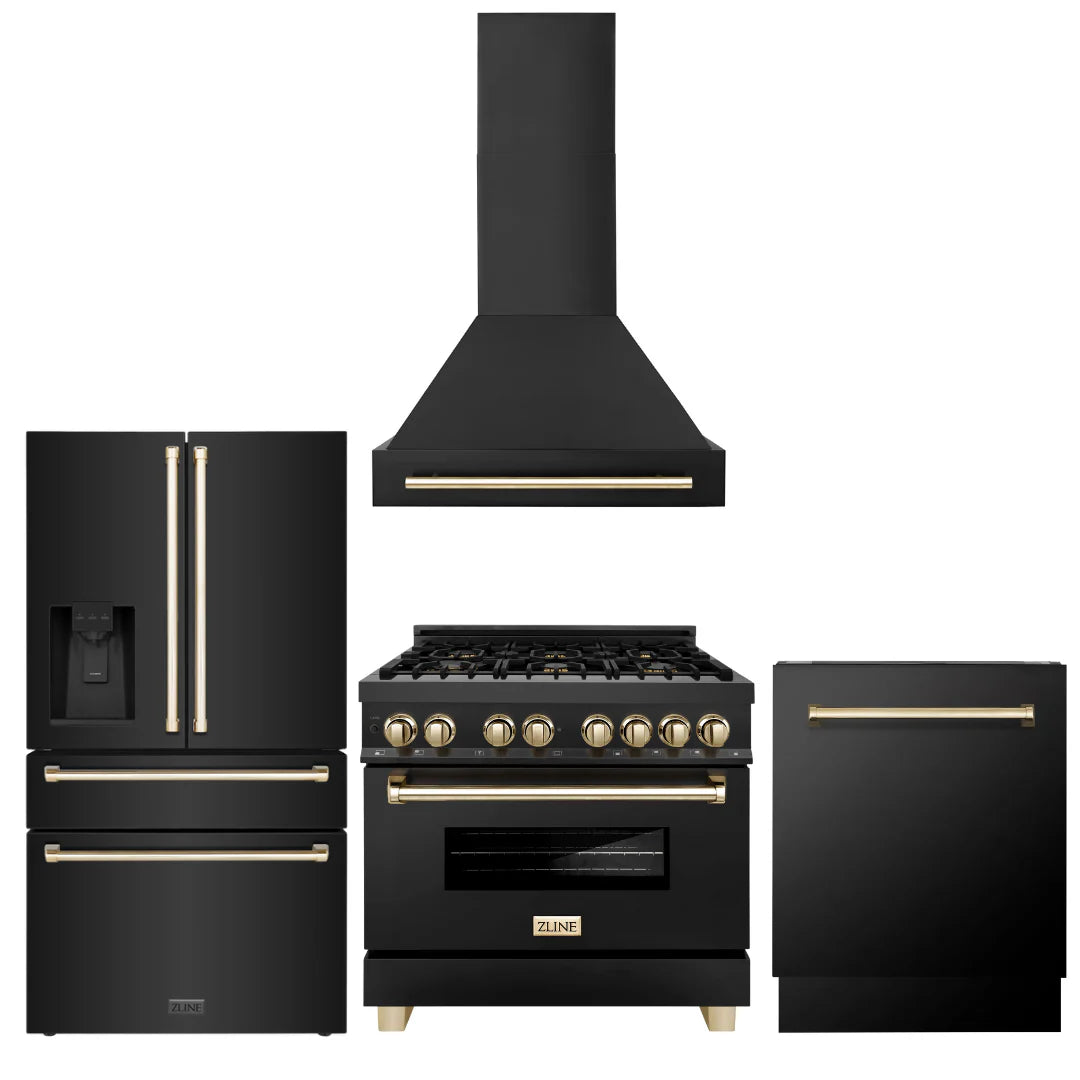 36 Dual Fuel Range, Range Hood, Refrigerator, Dishwasher in Black Stainless J94434