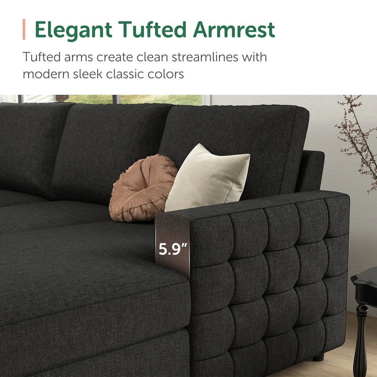 Dark Grey Convertible Sleeper Sectional Sofa with Pull-out Bed and Storage Chaise B4053