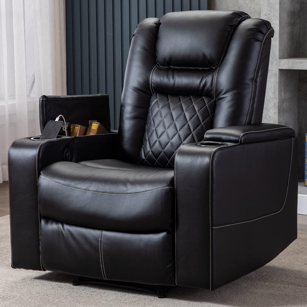 Black Leather Electric Power Recliner Chair with USB Ports and Cup Holders H32164