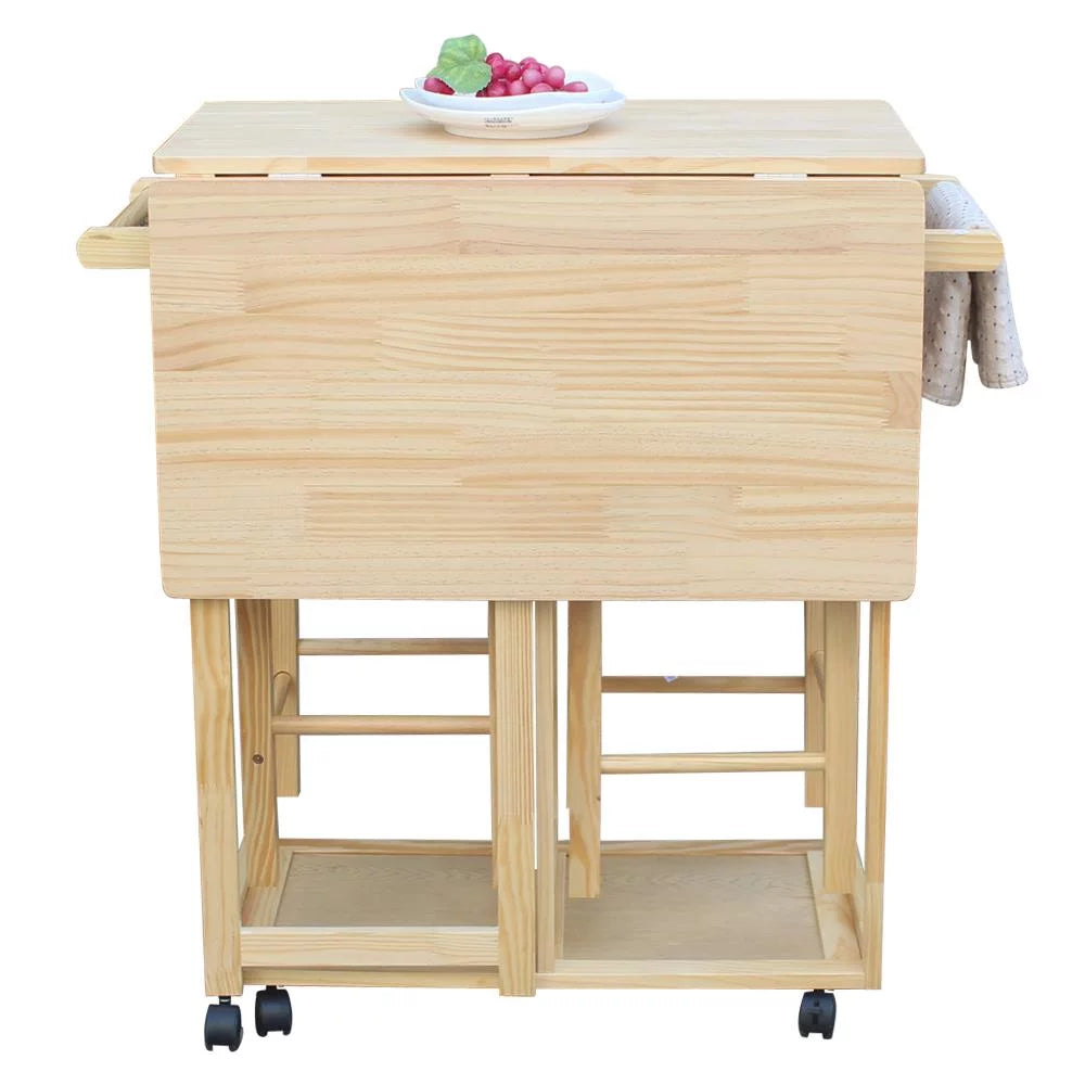 Wood Color Kitchen Island Rolling Trolley Cart with Stools X691