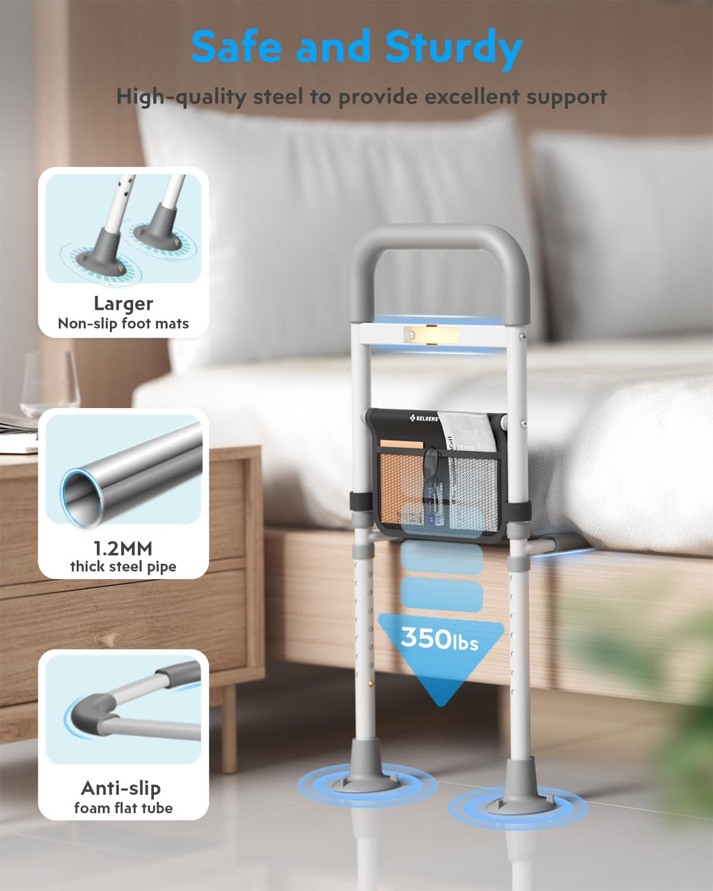Grey Adjustable Bed Rail with Motion Sensor LED Light D777343