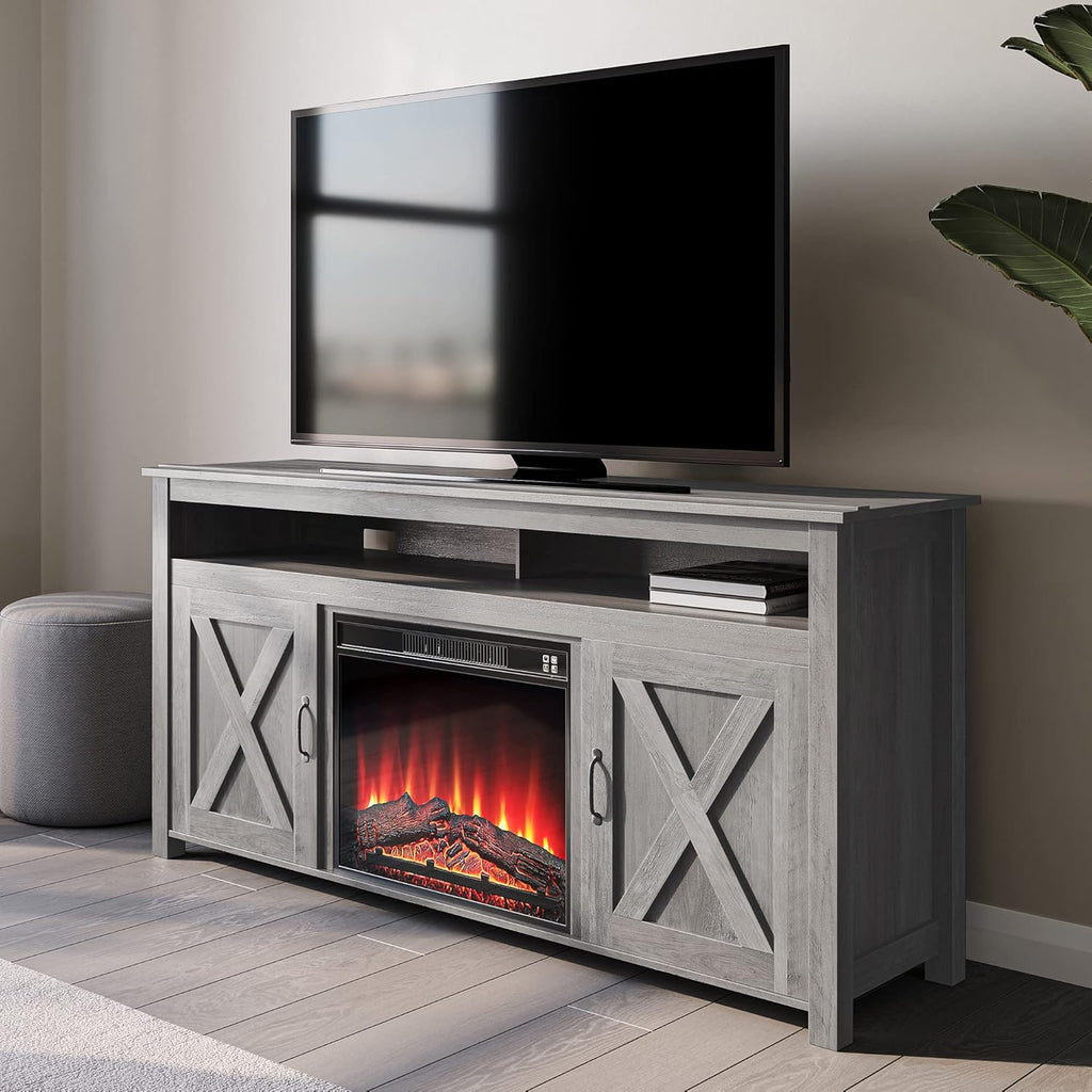 Wood TV Stand with Open Shelves and Cabinets P38059