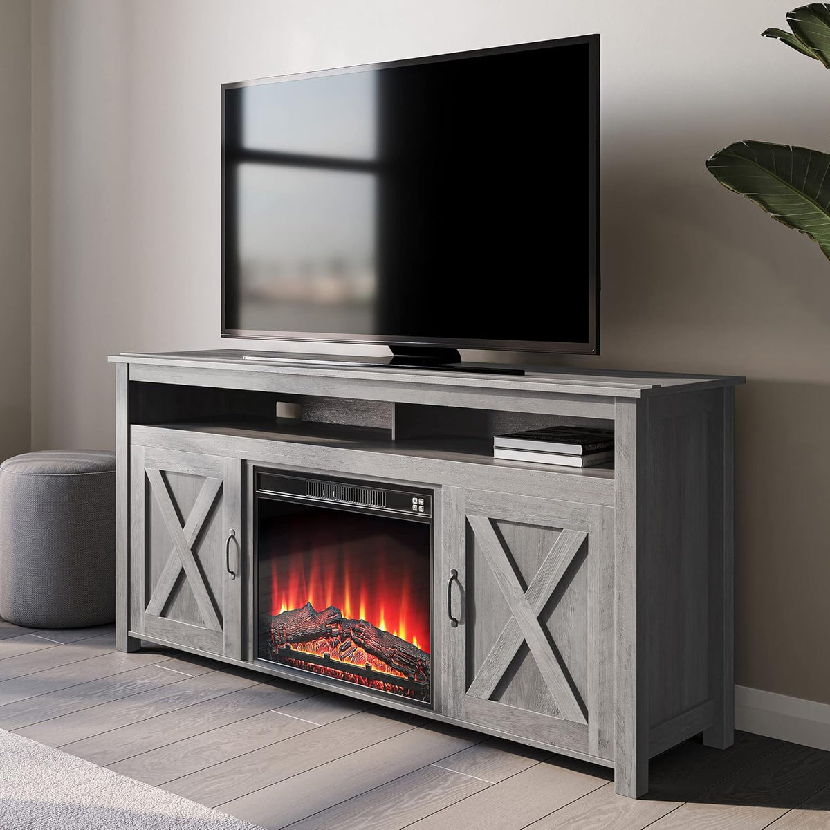Wood TV Stand with Open Shelves and Cabinets P38059