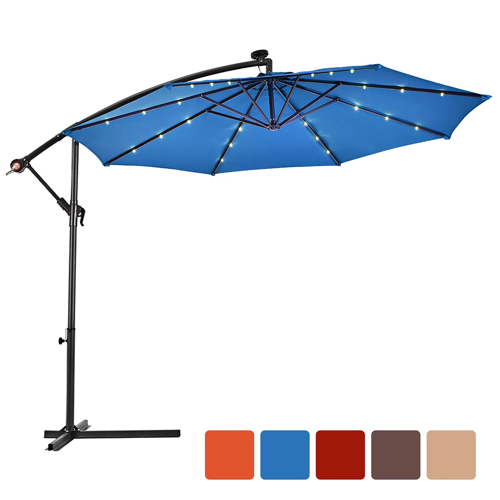 10' Solar LED Hanging Patio Umbrella with Base Tan T54625
