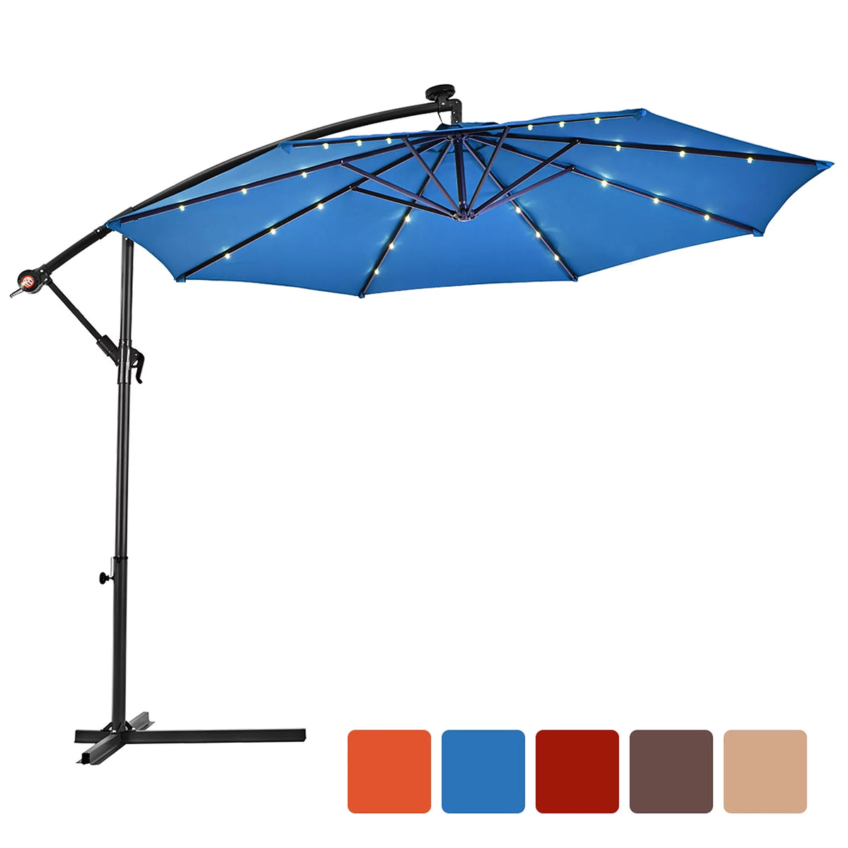 10' Solar LED Hanging Patio Umbrella with Base Tan T54625