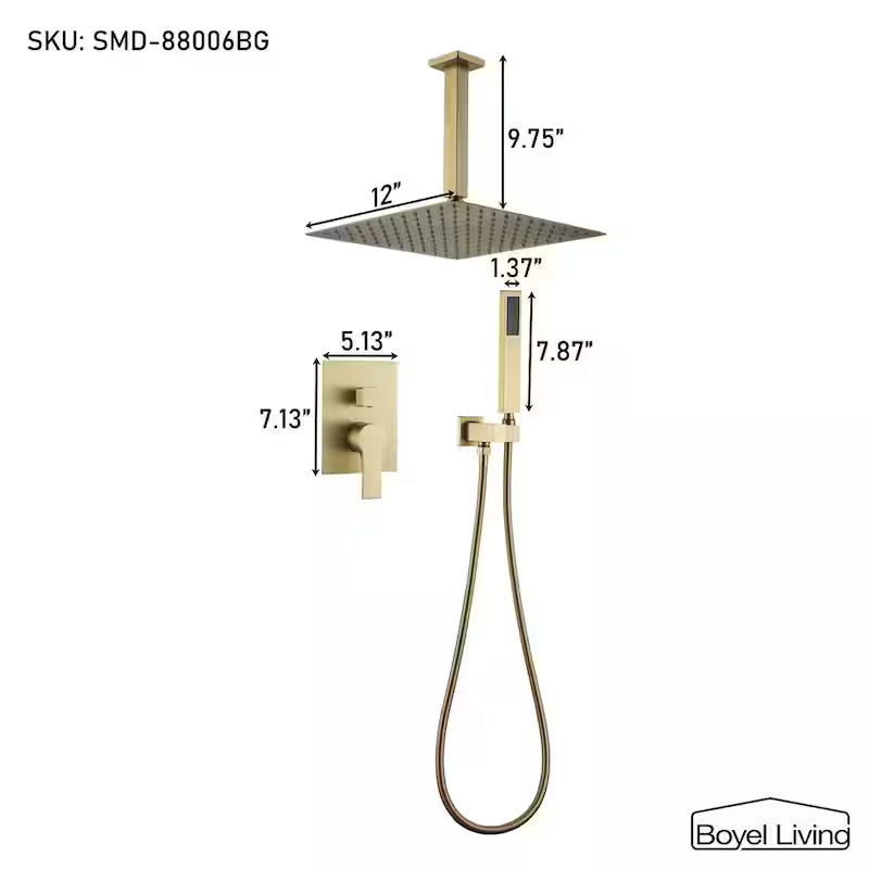 12 in. Ceiling Mount Dual Shower Heads with Pressure Balance Valve in Brushed Gold C152