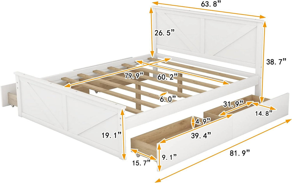 White Queen Size Platform Bed with 4 Drawers A428