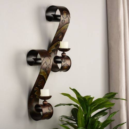 Set of 2 Brown Metal Scrolled Candle Sconces V8776