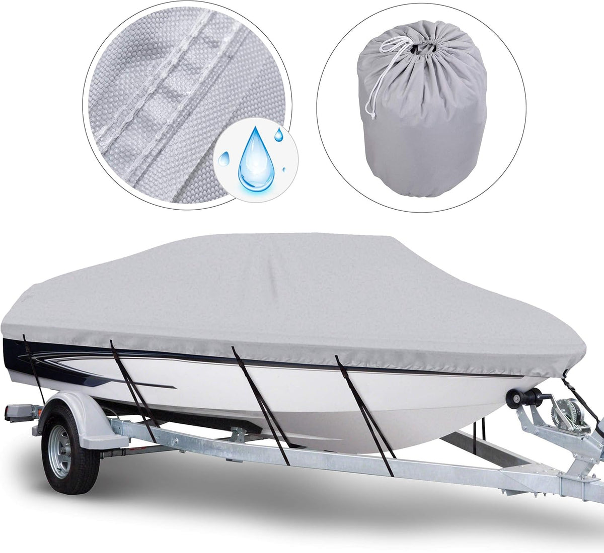 Waterproof Trailerable Boat Cover, Fits 17-19 ft V-Hull Tri-Hull Runabouts B44562