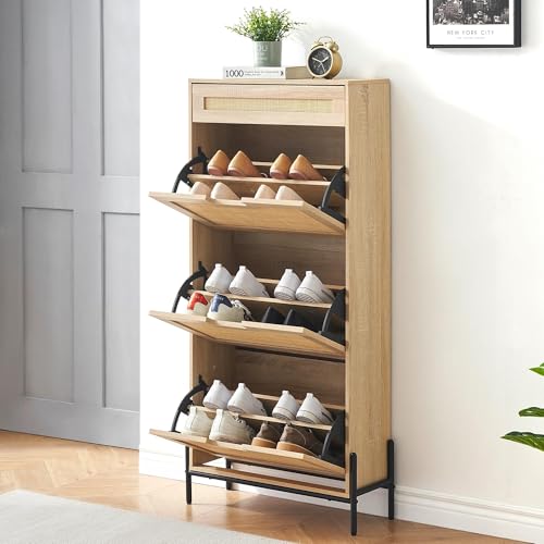 Rattan Shoe Storage Cabinet with 3 Flip Doors, 1 Drawer, and Adjustable 3-Tier Shelves L1130