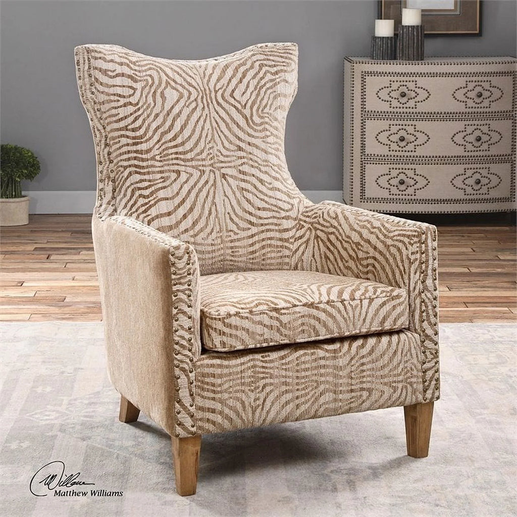 Brown Animal Pattern Fabric Wood Armchair R3355