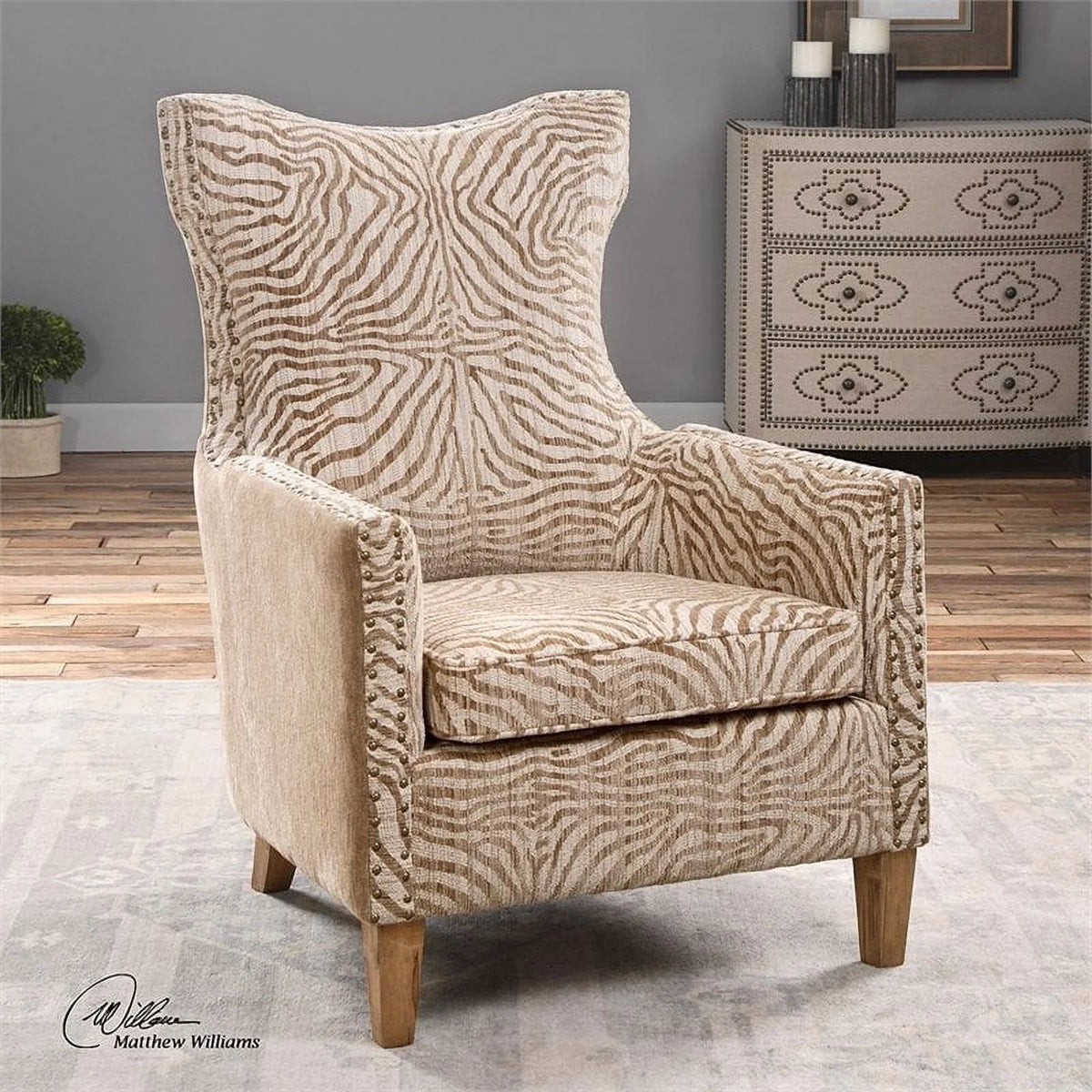 Brown Animal Pattern Fabric Wood Armchair R3355