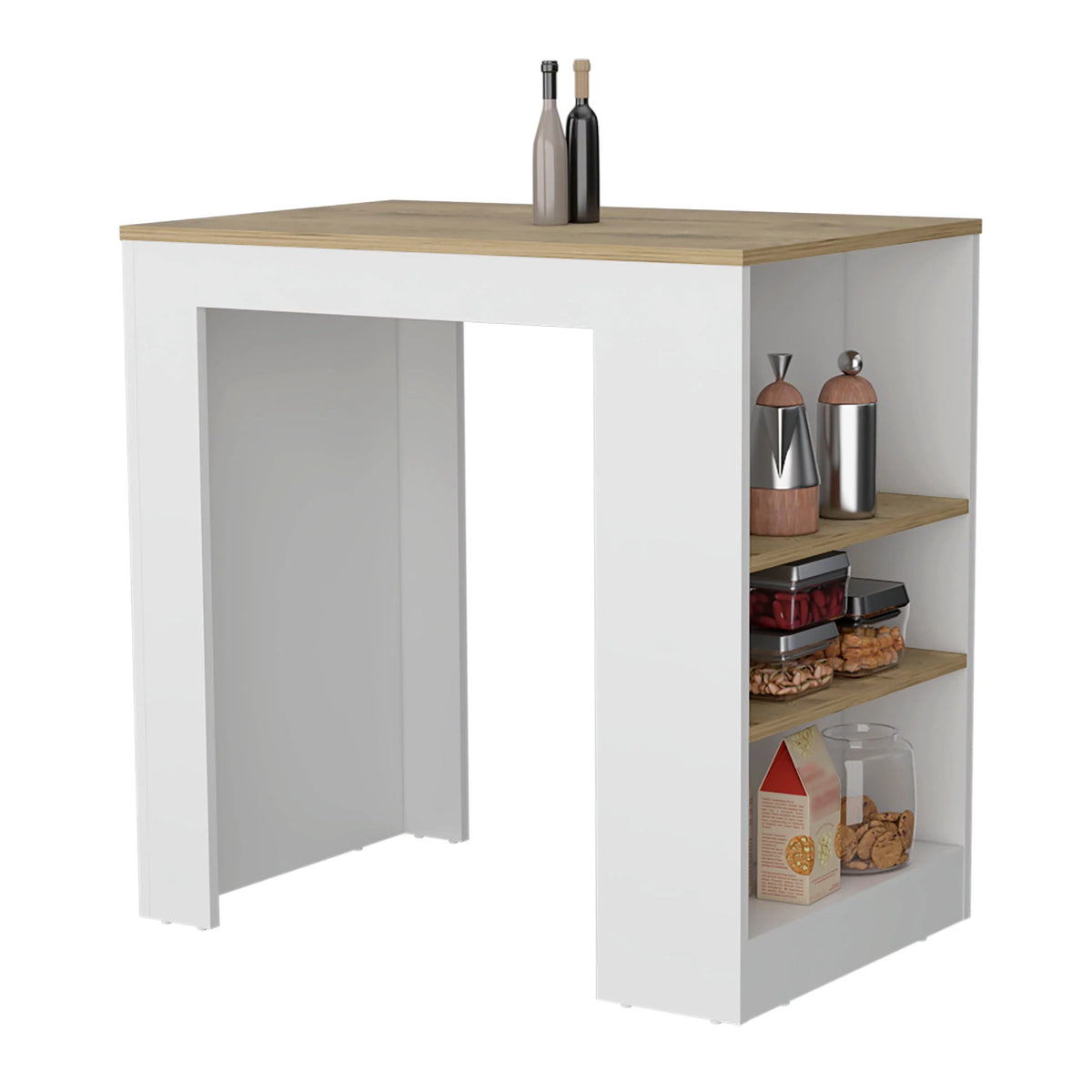 White Kitchen Island Bar Table with 3-Side Shelves Q810