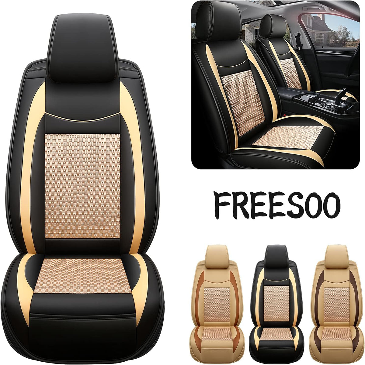 Beige 9 Leather Car Seat Covers Full Set Z762562