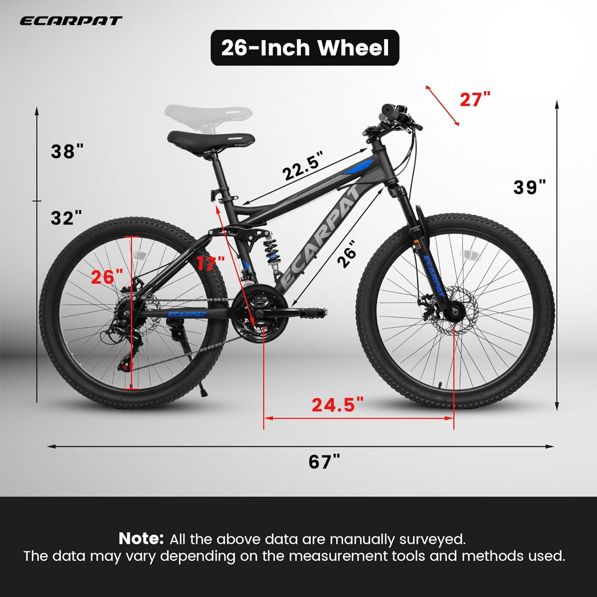 26 Inch Dual Suspension Mountain Bike with 21-Speed Disc Brake Carbon Steel Frame N419