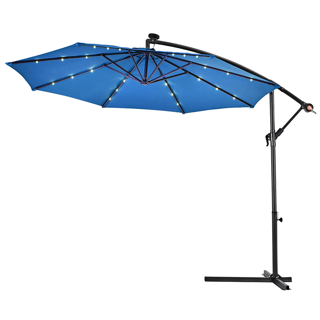 10' Solar LED Hanging Patio Umbrella with Base Tan T54625