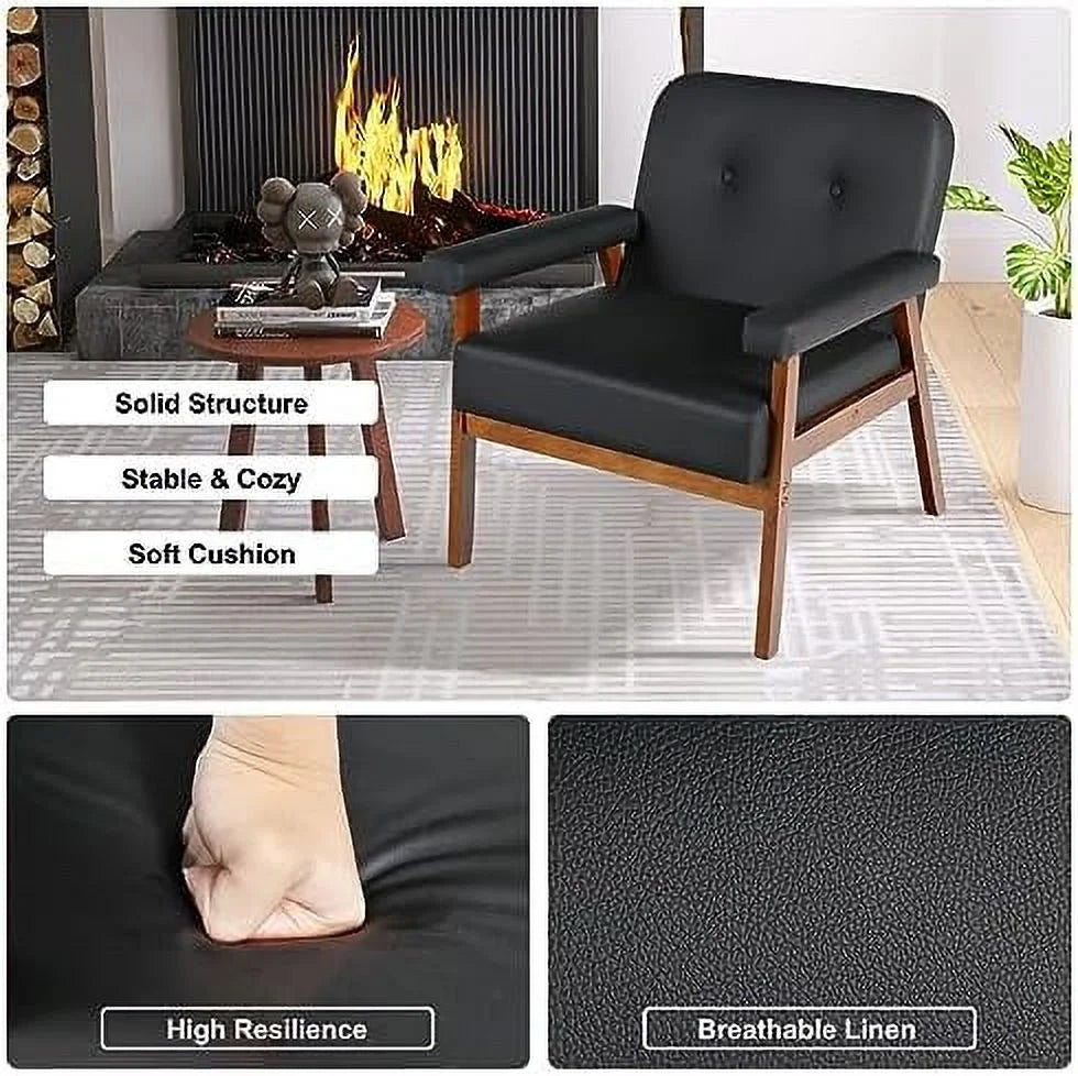 Black Faux Leather Accent Chairs Set of 2 with Wood Arms W280
