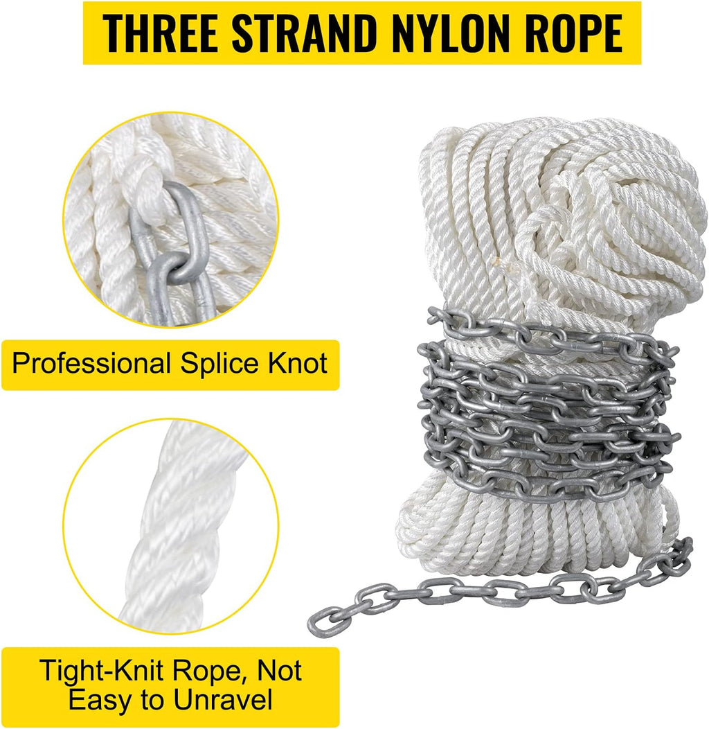 15' x 5/16" Boat Anchor Chain, 1/2" x 200' Nylon Rope, Galvanized Steel Chain O639