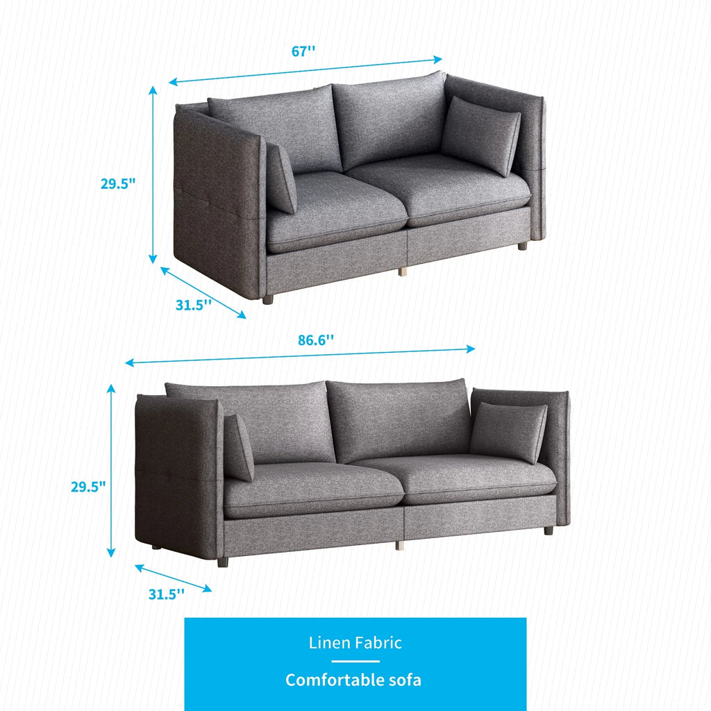 2 Pieces Linen Fleece Upholstered Sofa and Loveseat Set Dark Grey K7055
