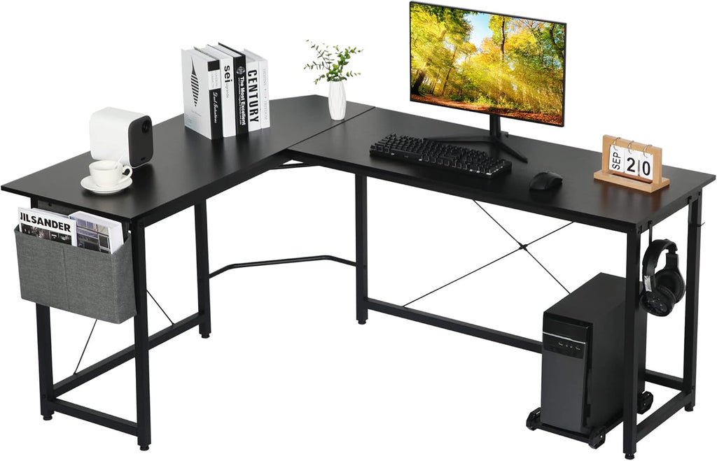 White L Shaped Computer Desk with Storage Bag and Monitor Stand K268