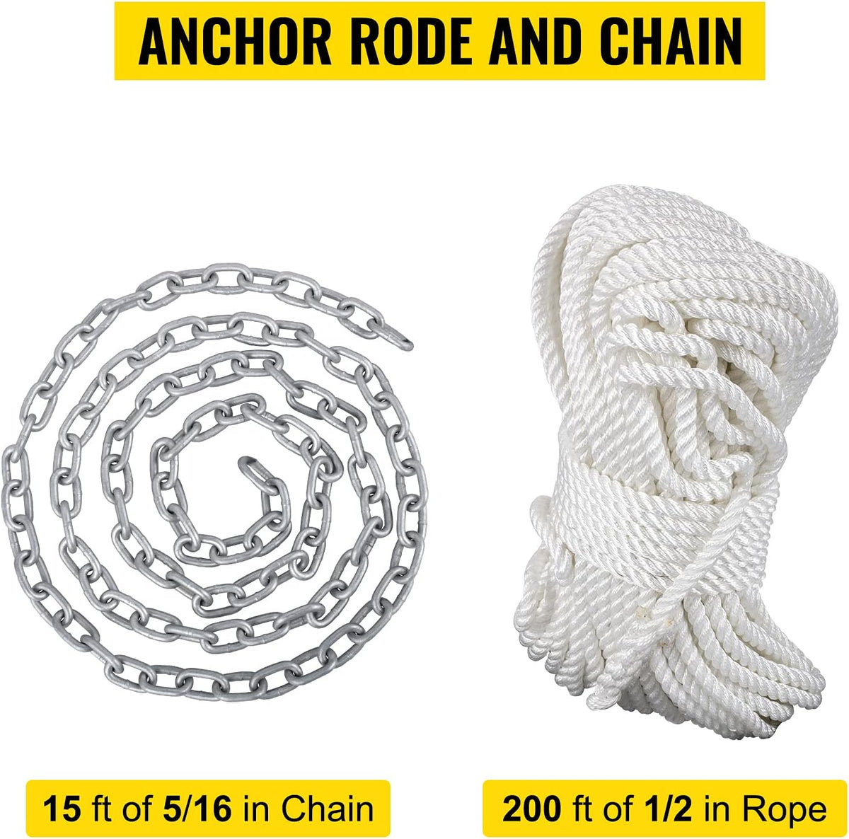 15' x 5/16" Boat Anchor Chain, 1/2" x 200' Nylon Rope, Galvanized Steel Chain O639