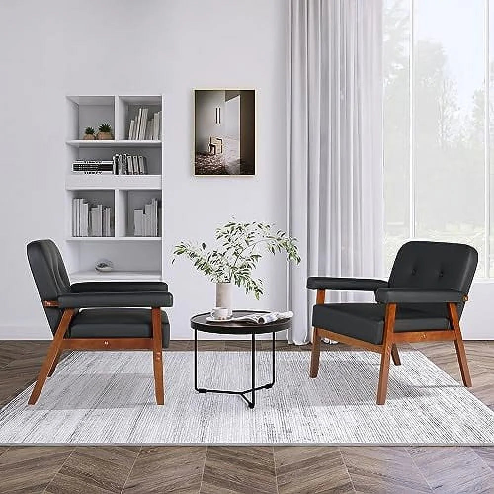 Black Faux Leather Accent Chairs Set of 2 with Wood Arms W280