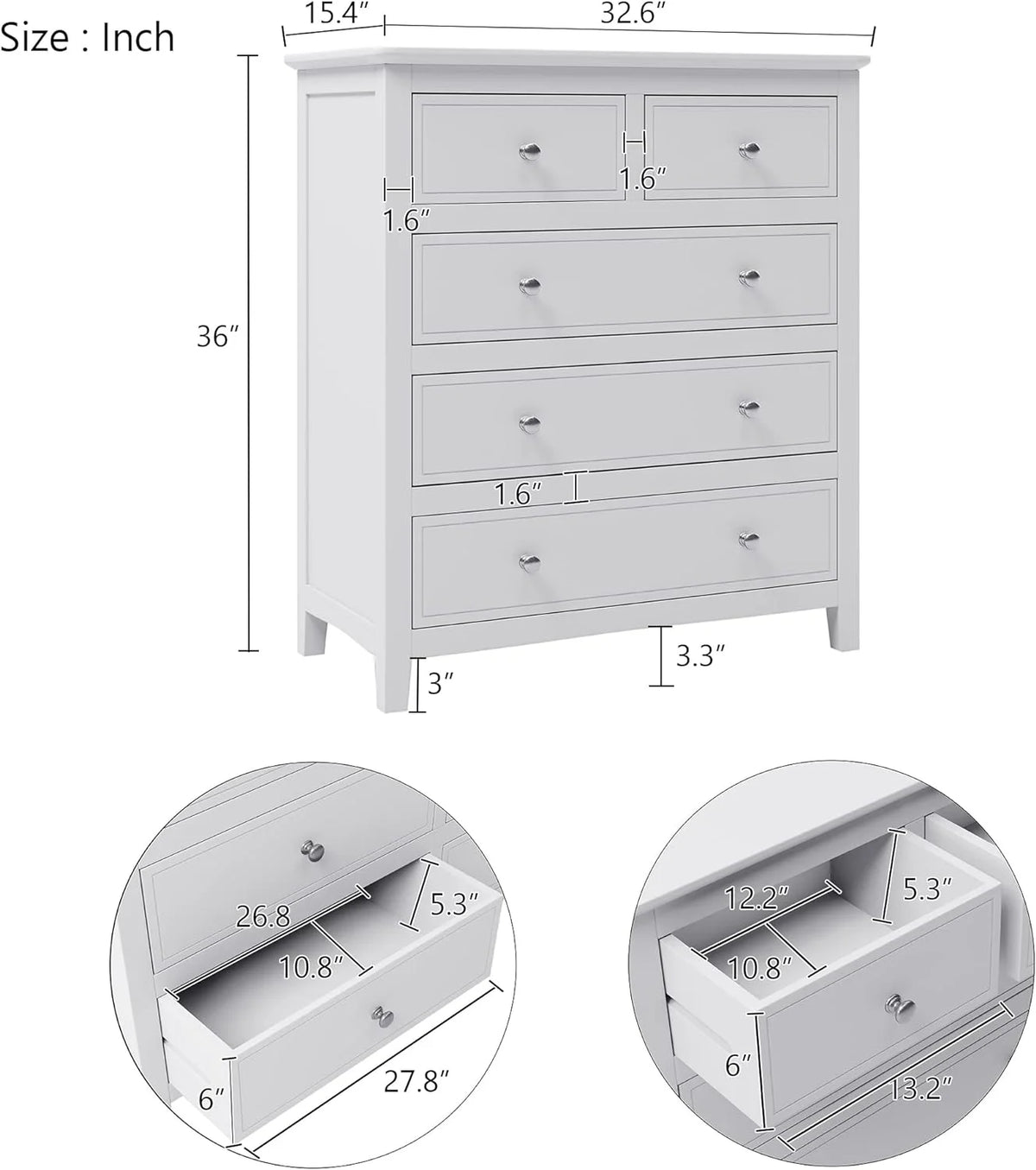 White Queen Size 5 Piece Wood Bedroom Furniture Set S33248