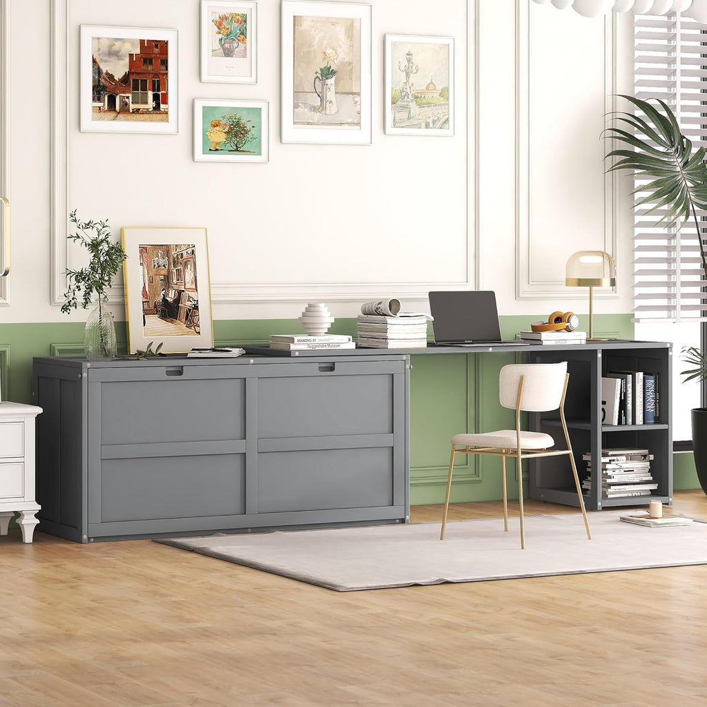 Gray Queen Size Murphy Cabinet Bed with Rotatable Desk and Shelves S771264